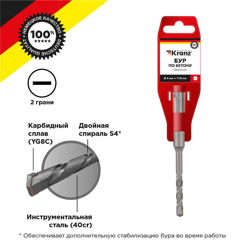 Бур по бетону 6x110x50мм SDS PLUS KRANZ Бур по бетону 6x110x50мм SDS PLUS KRANZ